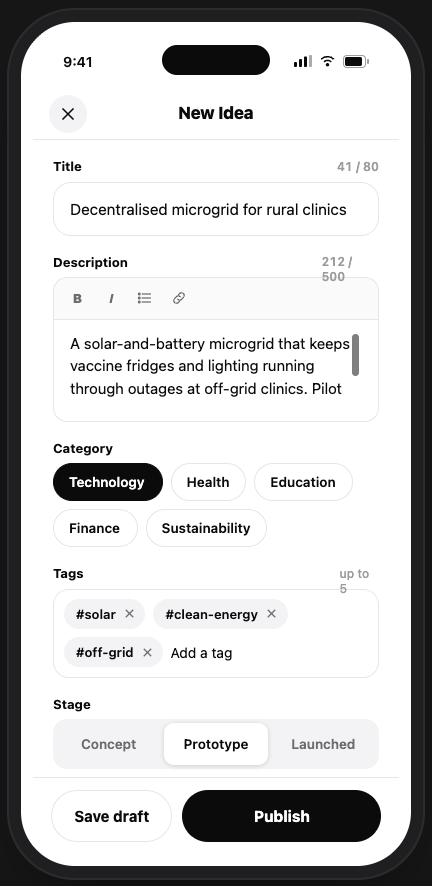 Create an idea screen